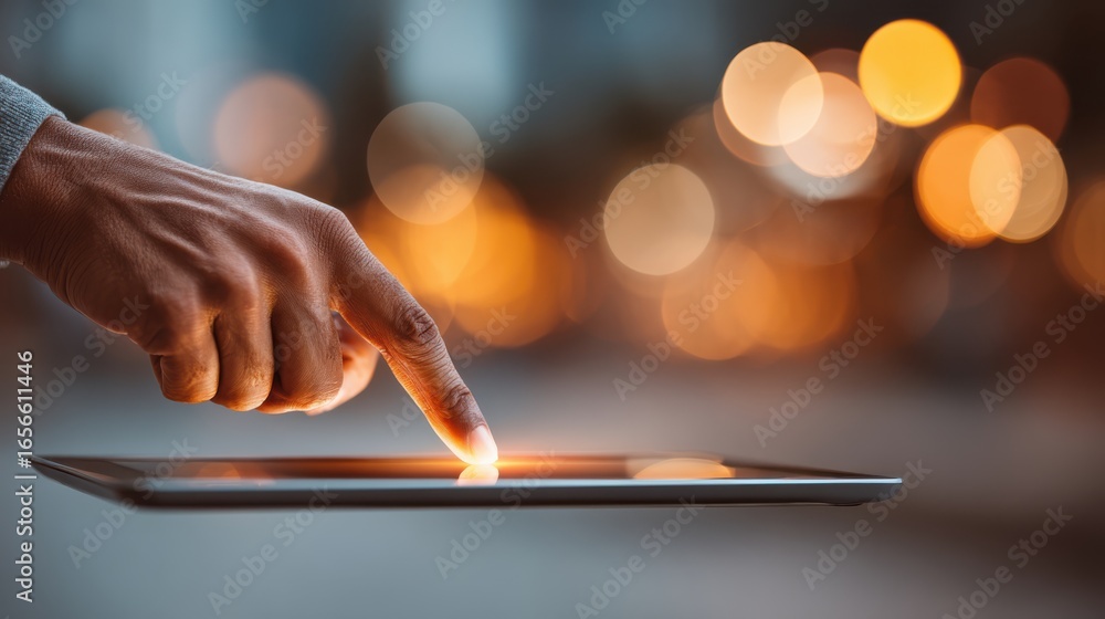 Poster a hand interacts with a glowing tablet screen, surrounded by a soft bokeh background of lights, conv