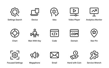 SEO – Search Engine Optimization. Thin‑line icon set for web, digital marketing, ranking, analytics, and website growth. Simple vector symbols for strategy and development.