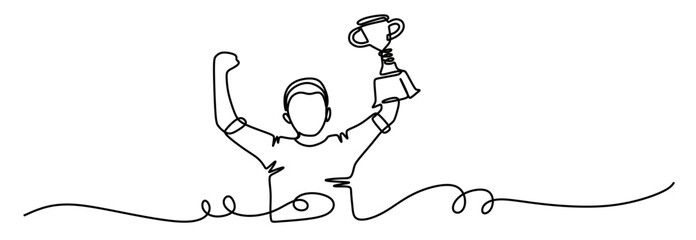 Fototapeta premium continuous line art of a young man lifting a trophy. the concept of celebrating victory. the champion and the winner