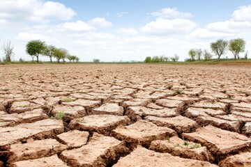 Dried, cracked earth stretches to distant trees under a partly cloudy sky