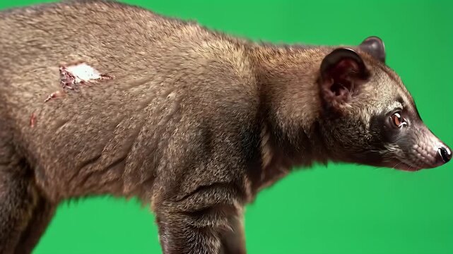 Side view of an Asian Palm Civet with a distinctive fur patch against a bright green background
