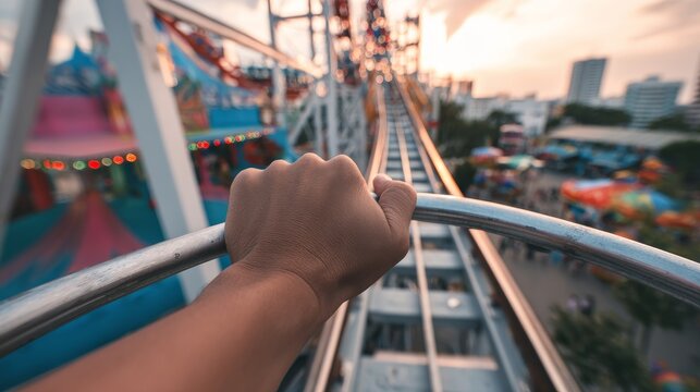 Hand Gripping Roller Coaster Safety Bar at Amusement Park - Powered by Adobe