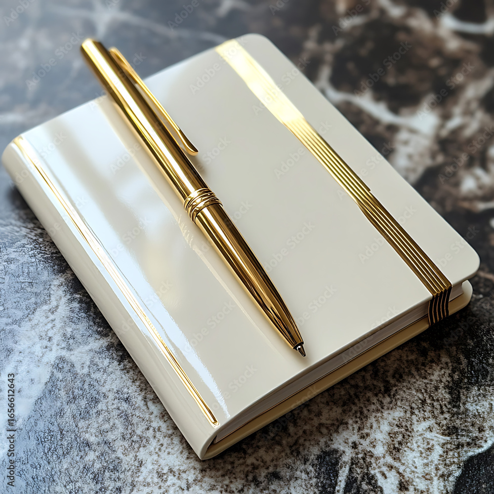 Poster elegant cream notebook with sleek gold pen resting on textured surface, perfect for jotting down tho