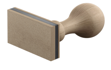 Close-up of a light beige wooden rectangular stamp with a dark gray metal plate and a rounded wooden handle.