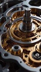 Close up of intricate metal machinery assembly with gears and precise construction representing engineering and manufacturing perfection with complex design