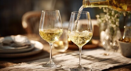 Obraz premium White wine poured into glasses