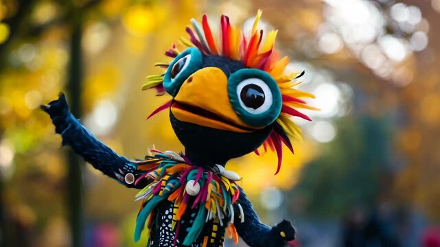 Colorful Bird Puppet Doll Craft Illustration of Dancing Macaw in Tropical Nature