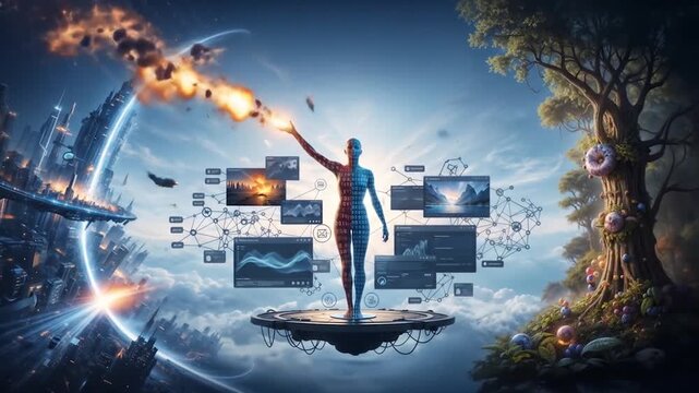 An abstract and visually stunning representation of the cutting-edge technology behind AI video generation and innovative new features for advanced audiovisual editing symbolizing a digital revolution