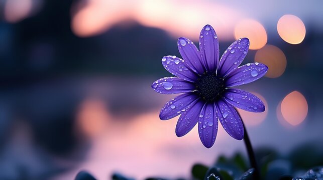 Purple daisy flower with water drops on petals against blurred bokeh background at sunset, creating dreamy romantic atmosphere for nature photography.