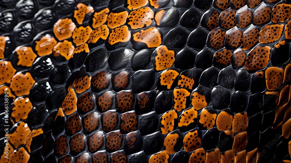 Poster macro shot of snake skin pattern showing detailed black and orange scales in honeycomb arrangement, 