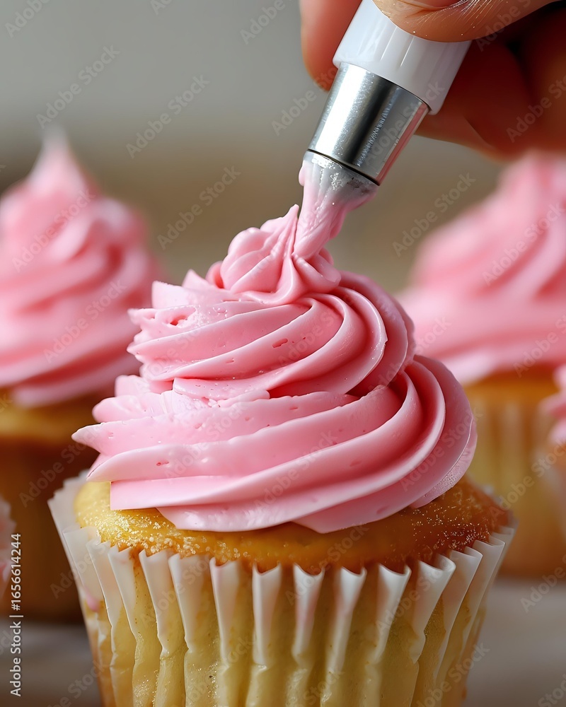 Poster Pink buttercream frosting being piped onto fresh vanilla cupcake in swirled pattern, close-up view showing pastry bag and decorating technique in action.