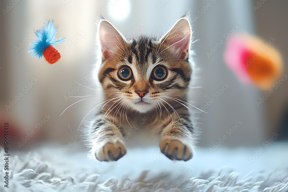 Poster playful tabby kitten with bright blue eyes lying on soft white blanket while colorful toy butterflie