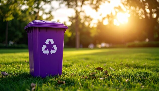 purpal recycling bin on wet pavement with raindrops and trees&mdash;symbol of sustainability, environmental care, and responsible waste management.