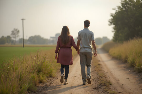 Couple Walking Holding Hands on Country Road at Dusk