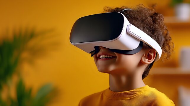 Young African American boy wearing virtual reality headset smiling with joy against yellow wall background, exploring immersive technology and digital entertainment. - Powered by Adobe