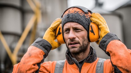 Medium shot of a worker adjusting ear protection devices highlighting focus on hearing safety in loud farm environments.