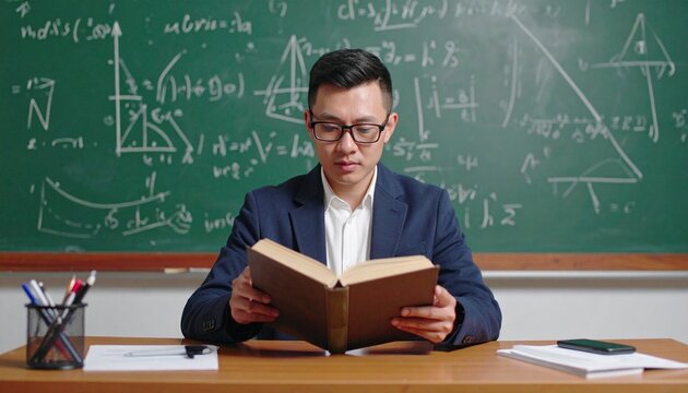 Student at desk, immersed in math—chalkboard filled with equations, diagrams, and geometric symbols. A scene of focused learning, logic, and intellectual pursuit. - Powered by Adobe