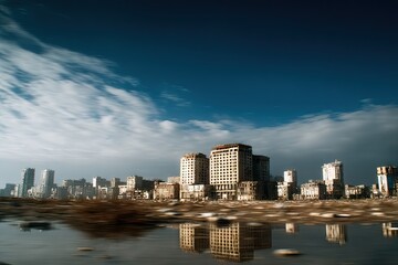 Obraz premium Ruined city skyline, reflected in a puddle