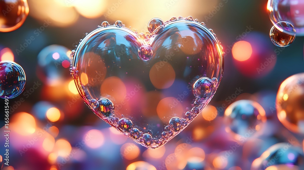 Poster magical heart shape formed by soap bubbles floating in air with colorful bokeh lights background cre