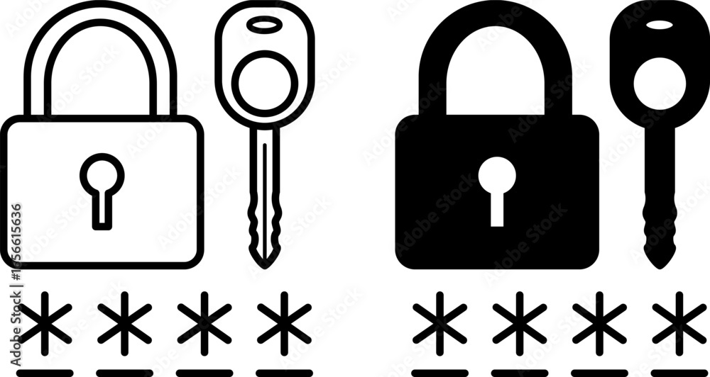Poster password icons. black and white vector illustrations. padlock, key, and hidden code. secret combinat