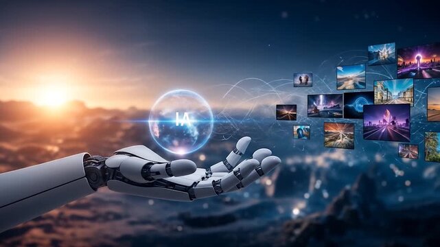 Artificial intelligence video generation concept with digital screens displaying multimedia content and futuristic technology interface for creative content production. AI animated functions in a hand