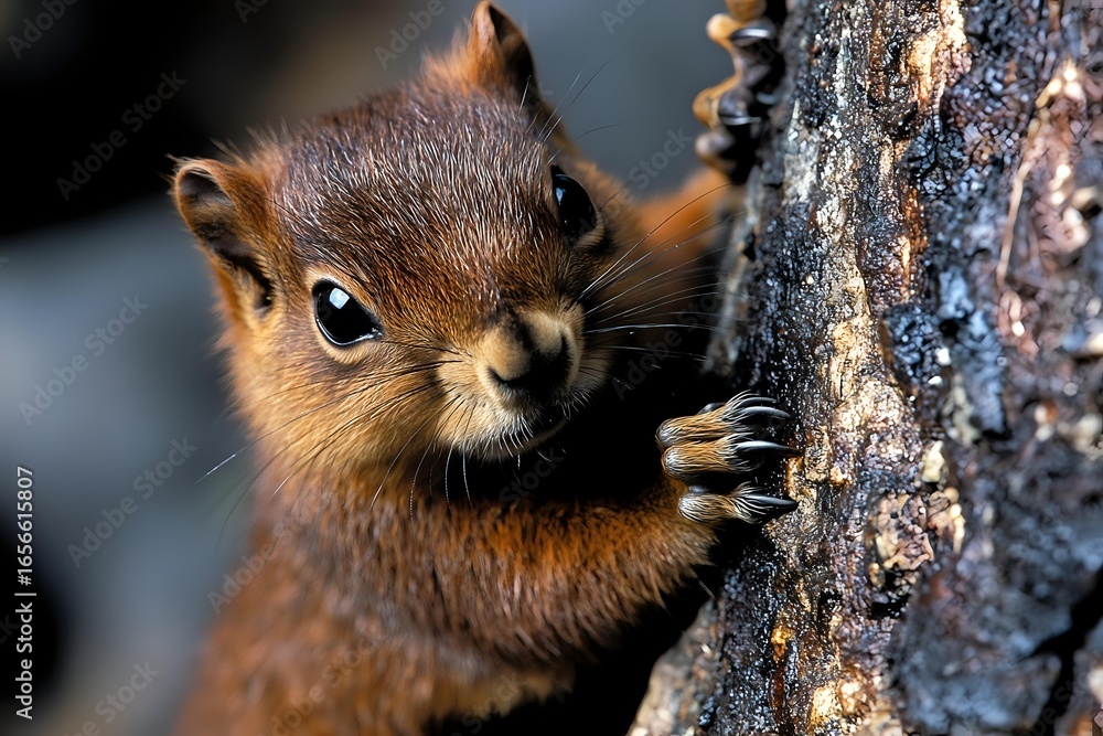 Poster curious red squirrel peeking from behind tree trunk in forest, close up portrait showing bright eyes