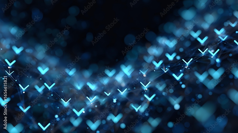 Poster glowing blue checkmark symbols floating in dark space with bokeh effect create dynamic pattern for s