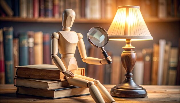 Wooden mannequin studying at desk with books and magnifying glass—warm lamp light, cozy room, focused atmosphere of research and curiosity.