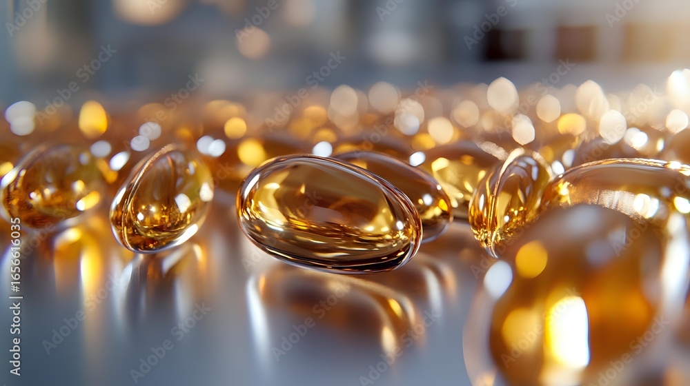 Poster golden omega-3 fish oil capsules scattered on reflective surface with warm bokeh lights background, 