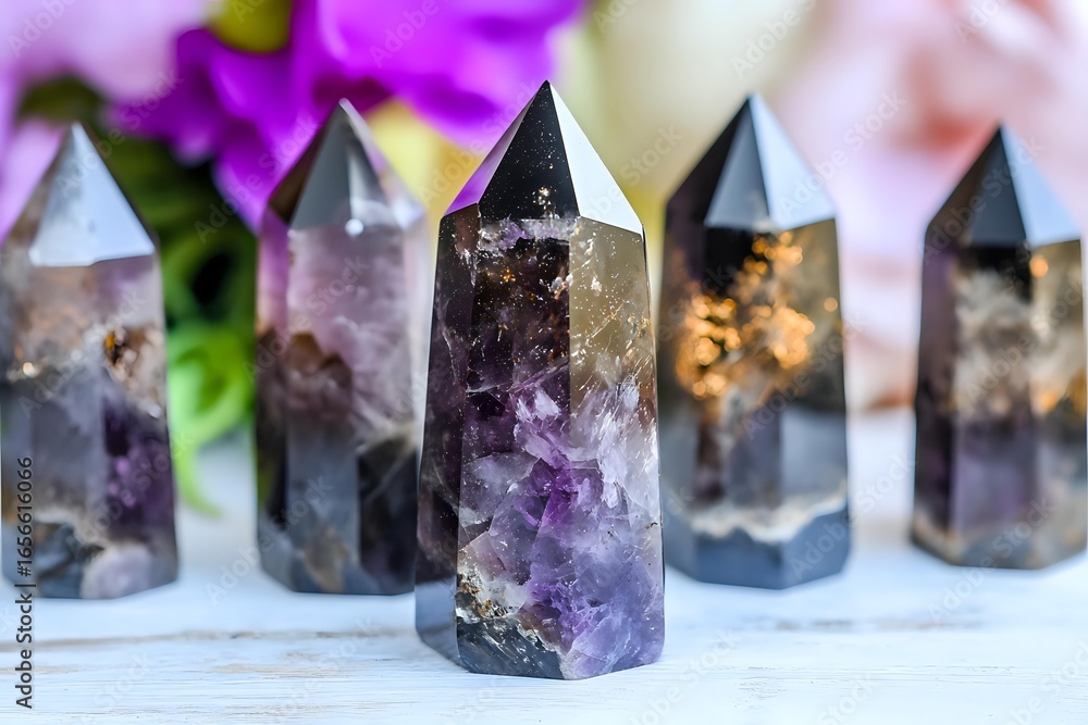 Poster polished amethyst crystal points with dark inclusions arranged in row on white surface, purple flowe
