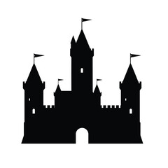 Obraz premium Black silhouette of a medieval castle with flags on white background