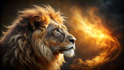 Fototapeta premium Majestic lion with a fiery mane, symbolizing power, courage, and strength against a dramatic dark background with glowing orange flames