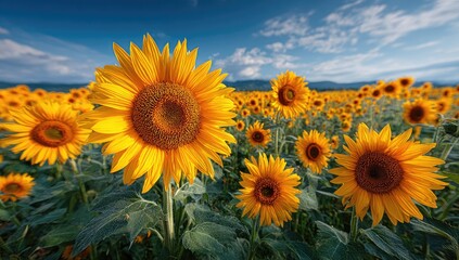 Sunflowers Blooming in a Sunny Field Under Blue Sky With Clouds.