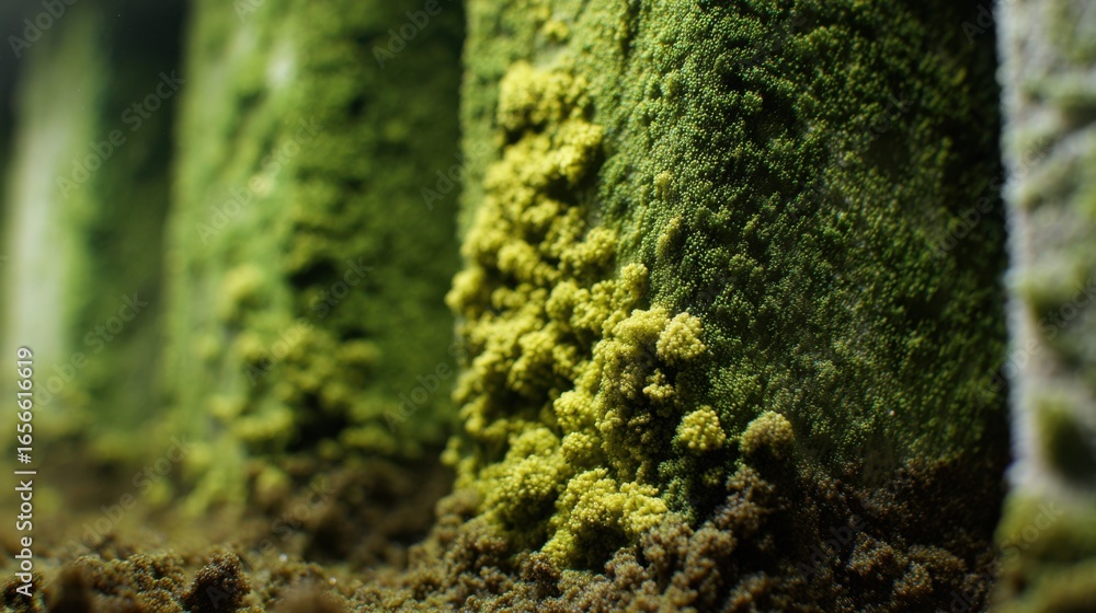 Poster close medium shot capturing detailed textures of active algae on a soundproofing facade panel in a c