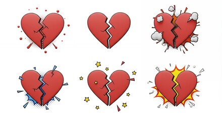 Broken hearts cartoon illustrations set