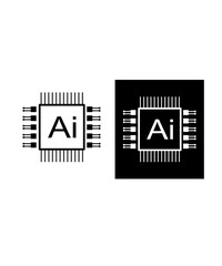 Black and white AI chip icon, processor symbol, minimal line design for artificial intelligence and technology concept