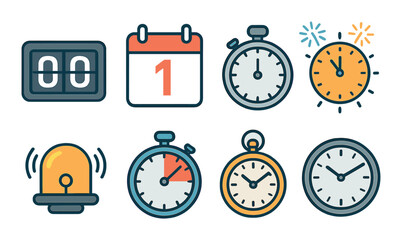 Set of various timer and clock icons illustrating countdown and time management concepts