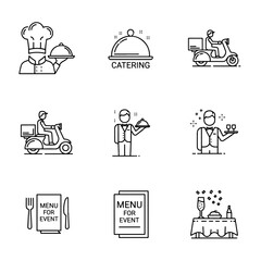17. Catering line icon collection. Includes symbols for catering services, food delivery, prepared meals, guest service, event menus, banquets, and more. Outline vector icons in a clean linear style.