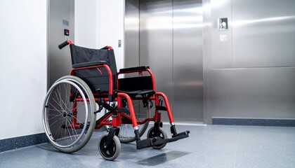Red wheelchair in front of closed elevator in a clean hallway&mdash;symbolizing accessibility, independence, and the importance of inclusive design.