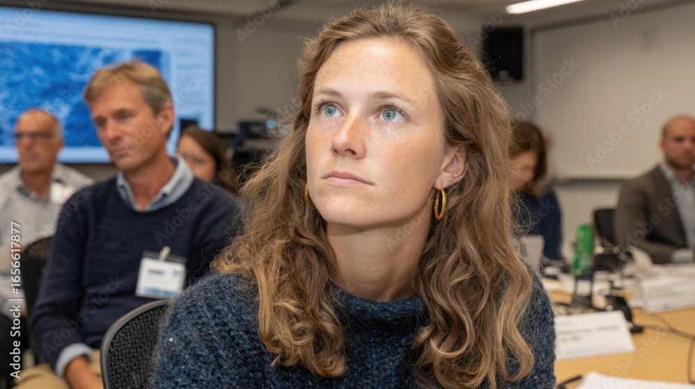 Aufkleber student in sharp focus nodding during an nil briefing session on visa rules with blurred advisors an