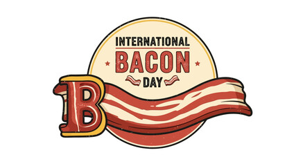 Vintage International Bacon Day Emblem with a Wavy Bacon Strip and Bold Letter B. Vector Illustrations. EPS Editable