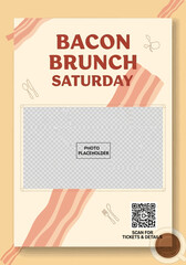 Obraz premium Customizable Bacon Brunch Saturday Flyer Template with Wavy Bacon Strips and QR Code. Vector Illustrations. EPS Editable