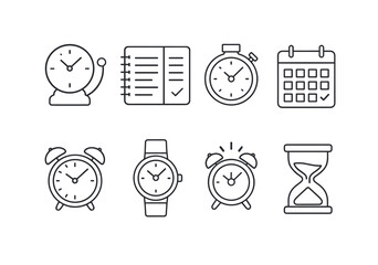 Outline icons of clocks, stopwatch, calendar, hourglass, and notebook symbols