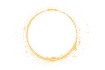 glowing golden shimmery circle decorated with glitter, stars, and radiant light, designed on a transparent background as a PNG. The luminous design conveys elegance, sparkle, and festive charm.