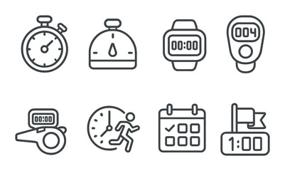 Monochrome sport timer icons set: stopwatch, calendar, finish line
