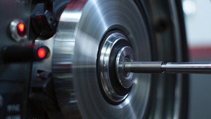 Fototapeta premium Metal Lathe Machine in Motion Processing Steel with Precision Engineering Manufacturing Technology Equipment and Red Indicator Lights