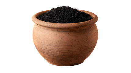 clay pot filled with humus soil isolated on white background, HD realistic