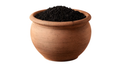 clay pot filled with humus soil isolated on white background, HD realistic