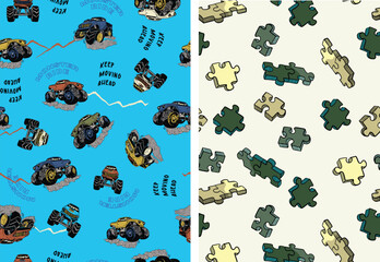 Playful Kids' Seamless Pattern Set - Cartoon Monster Trucks and 3D Jigsaw Puzzle Game Backgrounds for Boys © Chumky