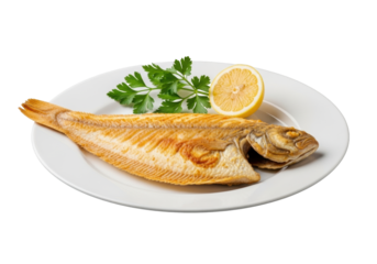 Perfectly pan-fried whole Dover sole meunière, golden brown, crispy, with fresh parsley & lemon on white plate, isolated on transparent, bright studio. High-end food photography concept
